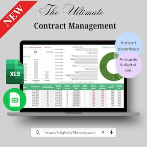 Könnte beinhalten: Ein Laptop-Bildschirm zeigt eine Tabellenkalkulation zur Vertragsverwaltung mit Diagrammen und Daten. Das Bild enthält den Text "The Ultimate Contract Management", "Sofortiger Download" und "Druckbar & digitale Nutzung". Ein "XLS"-Dateisymbol und ein Dokumentsymbol sind ebenfalls vorhanden.