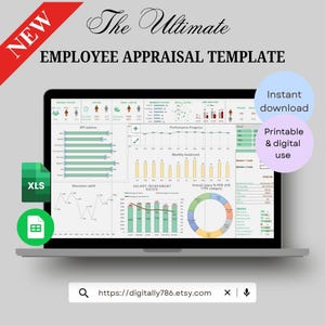 May include: A laptop screen shows an employee appraisal template with various charts and graphs. The display includes performance metrics, salary increments, and KPI data. Text on the screen reads "The Ultimate Employee Appraisal Template", "Instant download", and "Printable & digital use".
