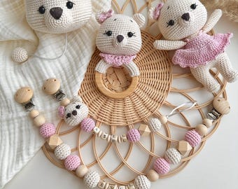 Pacifier chain rattle music box stroller chain baby set bear pink