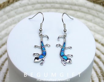 Blue Opal Lizard Earrings, Opal Reptile Dangle Earrings, Whimsical Dainty Jewelry, Unique Animal Gift for Women
