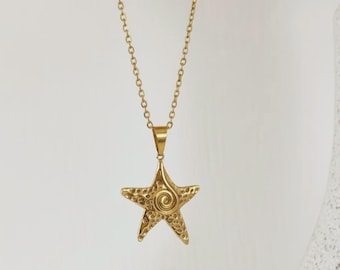 Gold Starfish Necklace , Dainty Ocean Pendant, Stainless Steel Minimalist Beach Jewelry, Waterproof, Gift for Her