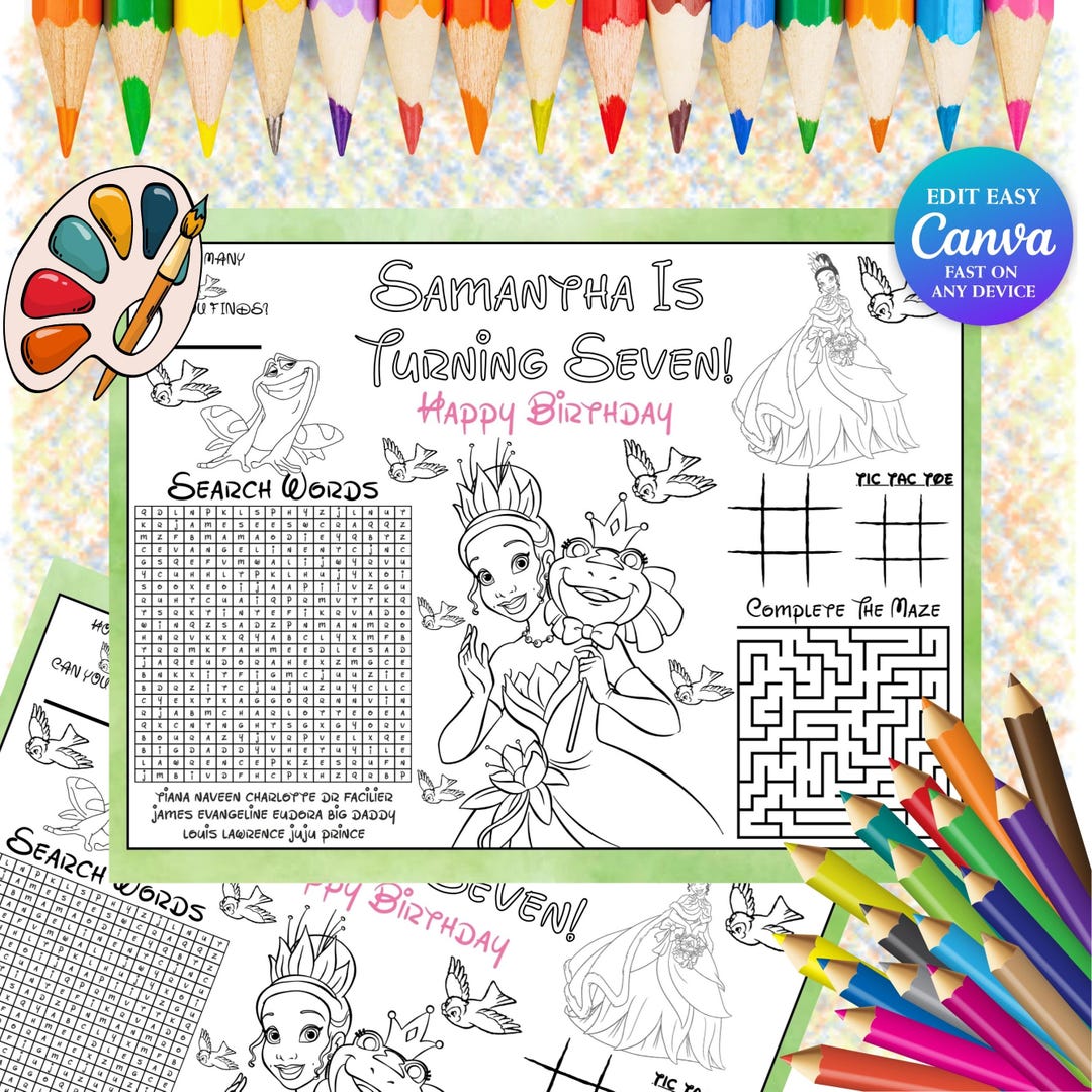 Tiana Coloring Placemat Sheet Princess and the Frog Birthday Activity ...