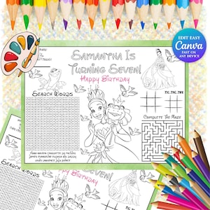 May include: A printable birthday activity sheet featuring a princess and frog design, with the text "Samantha Is Turning Seven! Happy Birthday." Includes a word search, tic-tac-toe, and a maze. Colored pencils are arranged around the sheet.