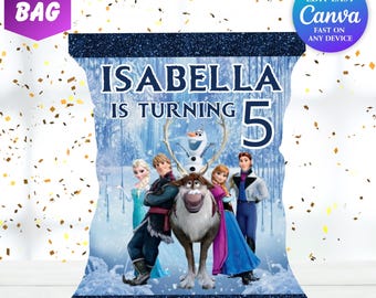 Etiqueta para bolsa de patatas fritas de cumpleaños de Elsa, fiesta de Frozen para niña, etiqueta de recuerdo para fiesta de cumpleaños número 5, fiesta temática de Frozen, Anna, princesa Elsa, fiesta de Olaf FR1