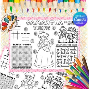 Puede incluir: Una hoja de actividades de cumpleaños imprimible con la Princesa Peach, un laberinto, tres en raya y una sopa de letras. El texto dice "Samantha Turns 3" y "Complete the Maze". También se ven lápices de colores y una paleta de pintura.
