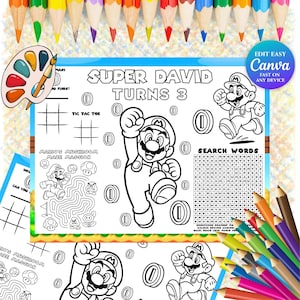 Puede incluir: Un mantel individual de actividades con temática de cumpleaños con el texto "SUPER DAVID TURNS 3" e ilustraciones de Mario. Incluye un laberinto, tres en raya y una búsqueda de palabras. Lápices de colores y una paleta de pintura en el fondo.