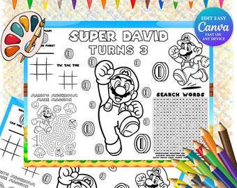 Super Mario Coloring Placemat Sheet Peach Princess Kid Activity Anime Theme Party Toad Mario Bros Busy Book Mario Luigi birthday Bowser SM