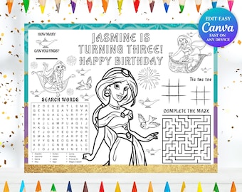 Jasmine Coloring Placemat Sheet Princess Birthday Activity Kid Anime Theme Party Printable Rapunzel Busy Book Snow White Game Mulan Genie JP