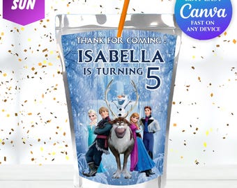 Etiquetas para bolsitas de jugo de cumpleaños de Elsa, fiesta de Frozen para niña, etiquetas de recuerdo para fiesta de cumpleaños número 5 de Frozen, fiesta temática de Frozen, Anna, princesa Elsa, FR1