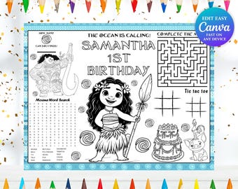 Moana Coloring Placemat Sheet Princess Birthday Activity Kids Anime Theme Party Printables Maui Busy Book Simea Games Matangi Worksheet MN