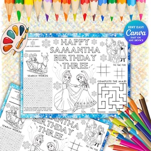 May include: A coloring page with the text "HAPPY SAMANTHA BIRTHDAY THREE" and various activities, including a word search, tic-tac-toe, and a maze. The page features illustrations of characters and is surrounded by colored pencils.