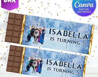 Etiquetas para barras de chocolate de cumpleaños de Elsa, fiesta de Frozen para niña, etiquetas de recuerdo para fiesta de cumpleaños número 5 de Frozen, fiesta temática de Frozen, Anna, princesa Elsa de Frozen, FR1
