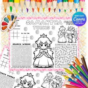 Baby Peach Princess Coloring Placemat Sheet Super Mario Kids Activity Anime Theme Party Toad Mario Bros Busy Book Luigi birthday Bowser PP