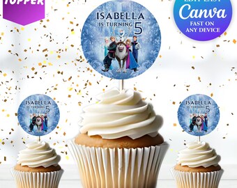 Adorno para cupcakes de Elsa, etiqueta de cumpleaños para fiesta de Frozen para niña, etiqueta de recuerdo para fiesta de cumpleaños número 5 de Frozen, fiesta temática de Frozen, Anna, princesa Elsa, FR1