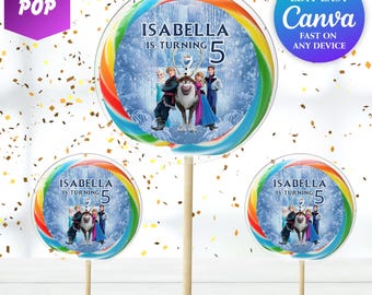 Etiquetas para piruletas de cumpleaños de Elsa, fiesta de Frozen para niña, etiquetas para recuerdos de fiesta de cumpleaños número 5, fiesta temática de Frozen, Anna, princesa Elsa, fiesta de Olaf FR1