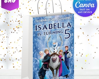 Etiquetas para bolsas de dulces de cumpleaños de Elsa, fiesta de Frozen para niña, etiquetas para recuerdos de fiesta de cumpleaños número 5, fiesta temática de Frozen, Anna, princesa Elsa, fiesta de Olaf FR1