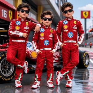 Puede incluir: Tres personas con monos de carreras rojos a juego con detalles en blanco, gafas de sol negras y zapatillas blancas. Los monos presentan varios logotipos de patrocinadores, incluidos HP, Shell, IBM y UniCredit, junto al número 16 y texto.