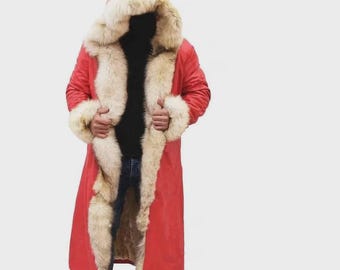 Abrigo con capucha de piel de oveja roja para hombre / Chaqueta de invierno larga con forro de piel de oveja auténtica / Gabardina cálida hecha a mano