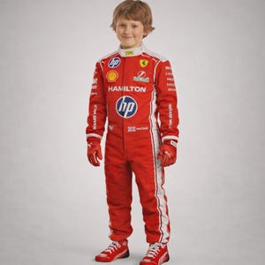 May include: A red racing suit featuring white side stripes, long sleeves, and matching red gloves and shoes. The suit displays various sponsor logos including HP, Shell, and UniCredit, with the name HAMILTON printed across the chest area.
