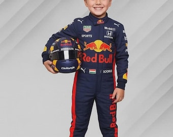 Red Bull F1 Kids Go Kart Racing Suit – Formula 1 Replica Racewear with Matching GLOVES – Customizable Name & Flag – All Sizes Available
