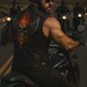 May include: A black leather motorcycle vest with a flaming skull and wing design on the back. The vest is worn by a person riding a black Harley-Davidson motorcycle. Other bikers ride behind.