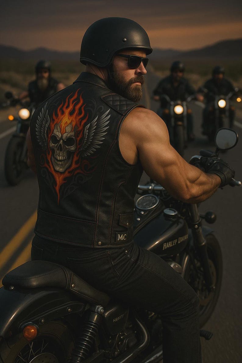May include: A black leather motorcycle vest with a flaming skull and wing design on the back. The vest is worn by a person riding a black Harley-Davidson motorcycle. Other bikers ride behind.