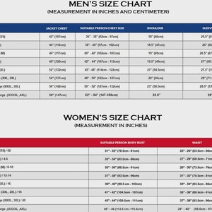 May include: A size chart for men's and women's clothing, with measurements in inches and centimeters. The men's chart includes jacket chest, shoulder, and sleeve measurements. The women's chart includes bust and waist measurements.
