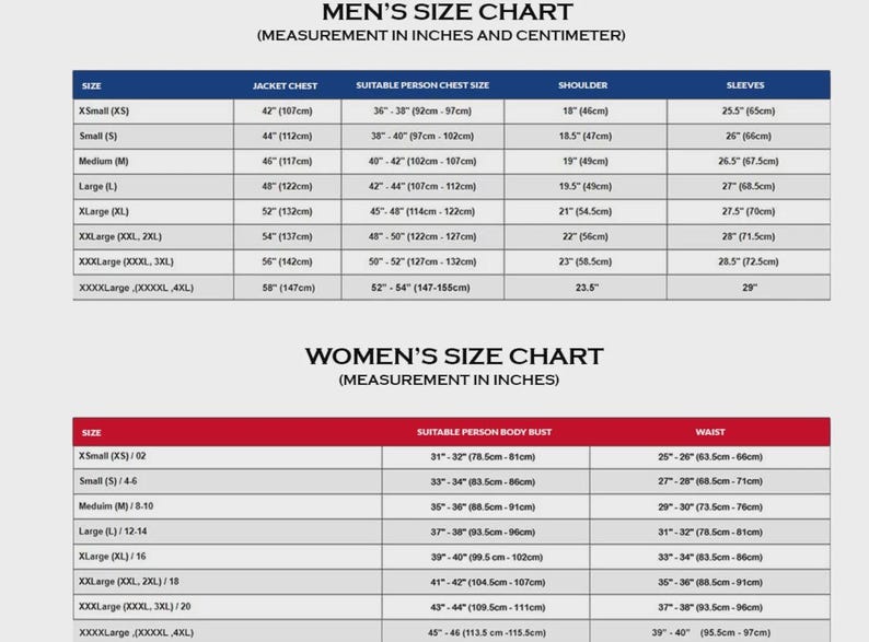May include: A size chart for men's and women's clothing, with measurements in inches and centimeters. The men's chart includes jacket chest, shoulder, and sleeve measurements. The women's chart includes bust and waist measurements.
