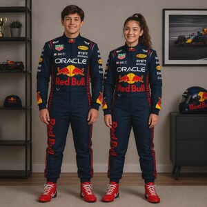 Puede incluir: Dos personas vistiendo monos de carreras azul marino a juego del equipo Oracle Red Bull Racing con logotipos de patrocinadores como TAG Heuer, Bybit, Honda y Mobil 1, combinados con botas de carreras rojo brillante y detalles laterales rojos.
