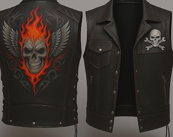 Men’s Leather Biker Vest with Flaming Skull & Wings | Motorcycle Club Riding Vest | Custom Handmade Black Leather Vest for Riders