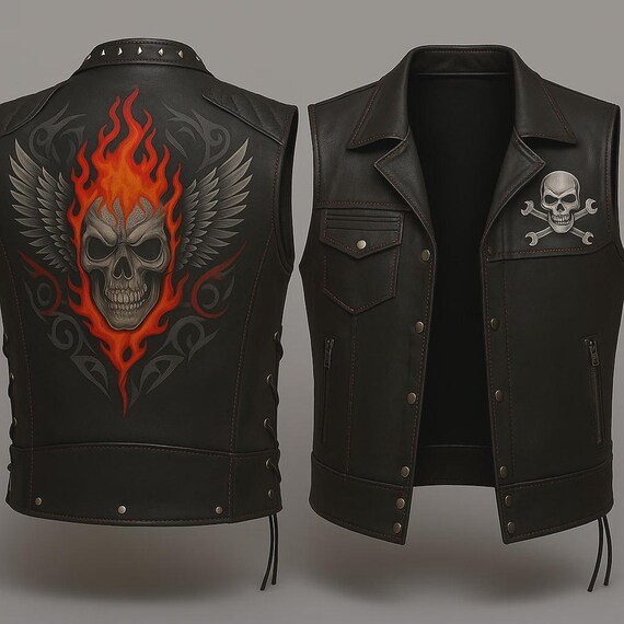 Men’s Leather Biker Vest with Flaming Skull & Wings | Motorcycle Club Riding Vest | Custom Handmade Black Leather Vest for Riders