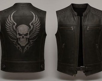 Men’s Lambskin Leather Biker Vest with Skull Wings – Handmade Motorcycle Club Vest – Custom Rocker Riding Vest Gift for Him
