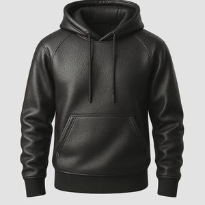 May include: A black leather hoodie with a kangaroo pocket and a drawstring hood. The hoodie has ribbed cuffs and hem. The material has a textured appearance.