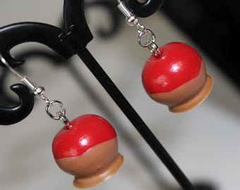 Handmade Caramel Red Apple Dangle Earrings, Polymer Clay and Hypoallergenic Sterling Silver Hooks