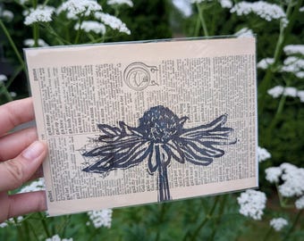 Coneflower Linocut Print on Vintage Dictionary Page: Book Lover Gift