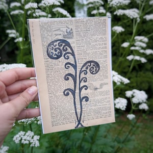Fiddlehead Fern Linocut Print on Vintage Book Pages | Literary Wall Art | Book Lover Gift | 5x7 Bookish Home Decor
