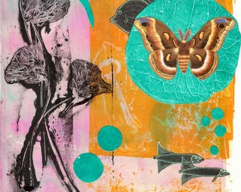 Botanical Collage Art Print: Mixed Media, Literary Theme (8x11)