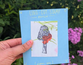 Upcycled Linoprint Patch: Lil Shaggy Mushroom
