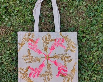 Hand Printed (Linocut/Block Printed) Cotton Tote Bag- Maple Seed Mandala Seamless