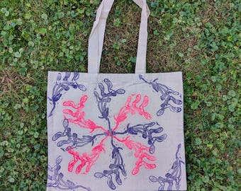 Hand Printed (Linocut/Block Printed) Cotton Tote Bag- Maple Seed Mandala Seamless Purple/Pink