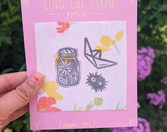 Upcycled Linoprint Patch- Lightning Bug Miyazaki Origami Whimsy