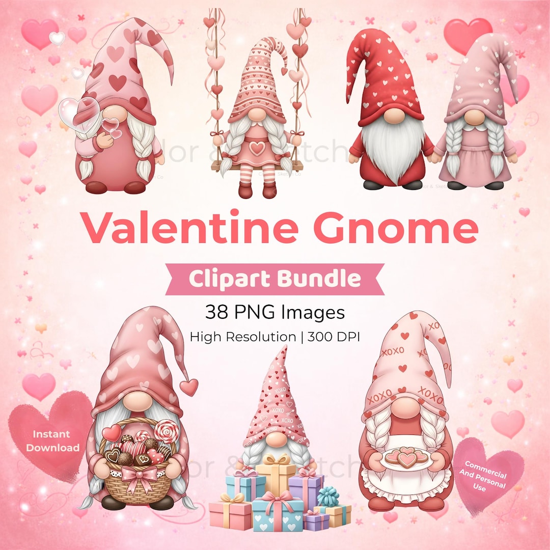 Valentine Gnome Clipart Set, Love Gnome PNG, Cute Valentine Gnome ...
