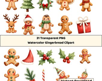 Set di clipart di pan di zenzero ad acquerello natalizio / 31 PNG festivi (download immediato)