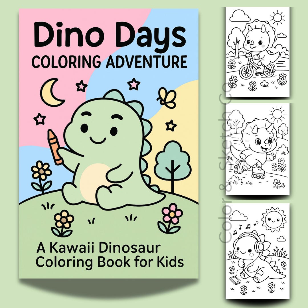 Kawaii Dinosaur Coloring Book for Kids Ages 4-8| 50 Cute Dino Coloring ...