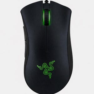 May include: Black gaming mouse with a green scroll wheel and a green logo. The mouse has two side buttons and a cord. The logo is a stylized snake.