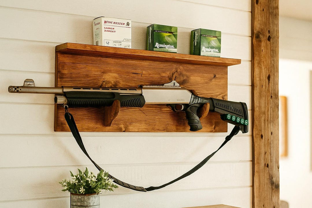 Rustic Gun Display Rack Handcrafted 32” Wooden Gun Rack With Shelf | Rustic Wall Mount Rifle ...
