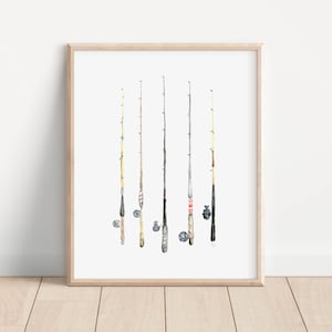 Fishing Rod Print, Fly Fishing Art Print, Wall Art, Vintage-inspired, Watercolor, 8x10 inch, 12x16 inch, and larger sizes available