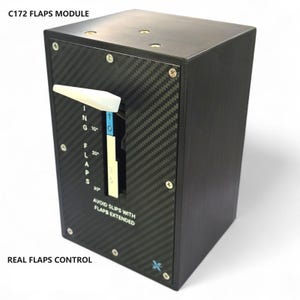 Puede incluir: Un módulo de flaps C172 negro con una palanca blanca y una textura de fibra de carbono. El módulo tiene marcas para las posiciones de los flaps y el texto "AVOID SLIPS WITH FLAPS EXTENDED". El texto "REAL FLAPS CONTROL" también es visible.