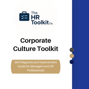 Puede incluir: Gráfico blanco y azul con el texto "The HR Toolkit co." y "Corporate Culture Toolkit." Una pancarta beige dice "Guía de autodiagnóstico y mejora para gerentes y profesionales de RRHH."