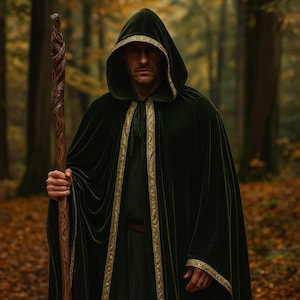 May include: A person wearing a dark green velvet cloak with gold trim and a matching hood. The person is holding a carved wooden staff. The background is a blurred forest scene with autumn leaves.